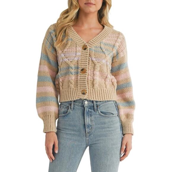 Lush Tan Multicolor Striped Cable Knit Button Up Cardigan Sweater Top Size M - Picture 1 of 5